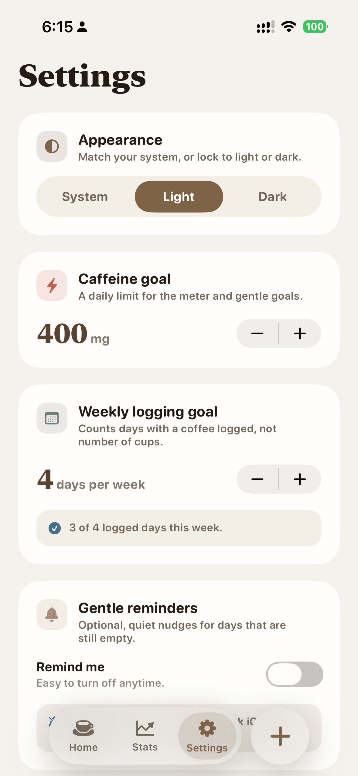 Mugshot settings screen for appearance, caffeine goal, logging goal, reminders, and Health sync