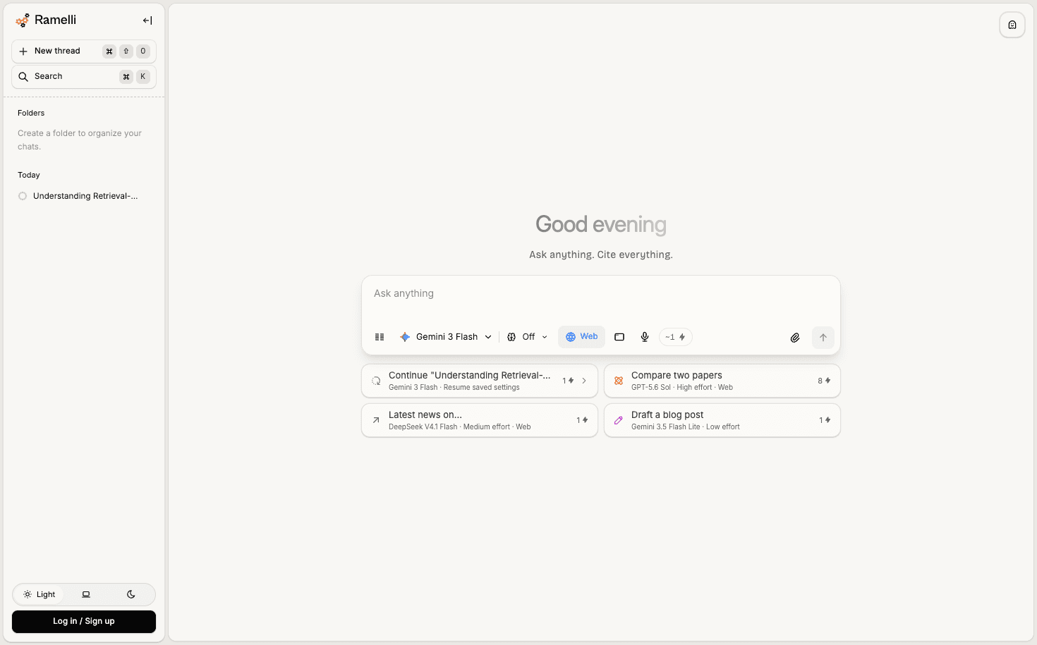 Ramelli workspace with model controls and prompt shortcuts