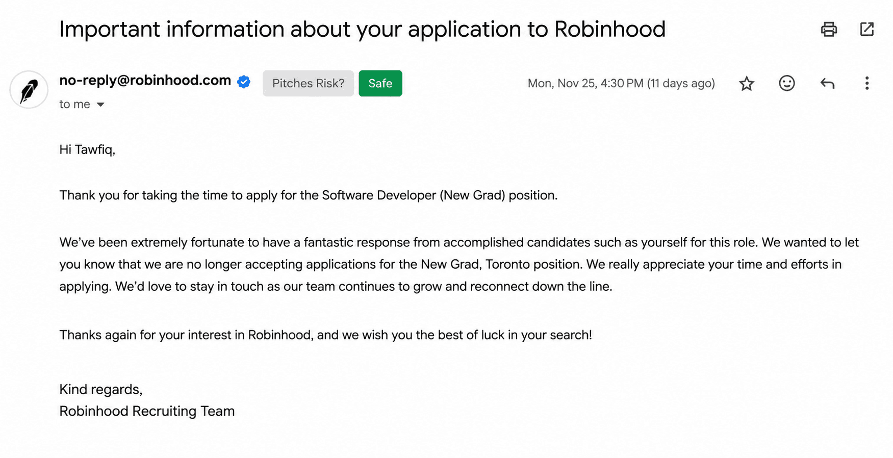 Gmail message with a phishing risk button and Safe result badge