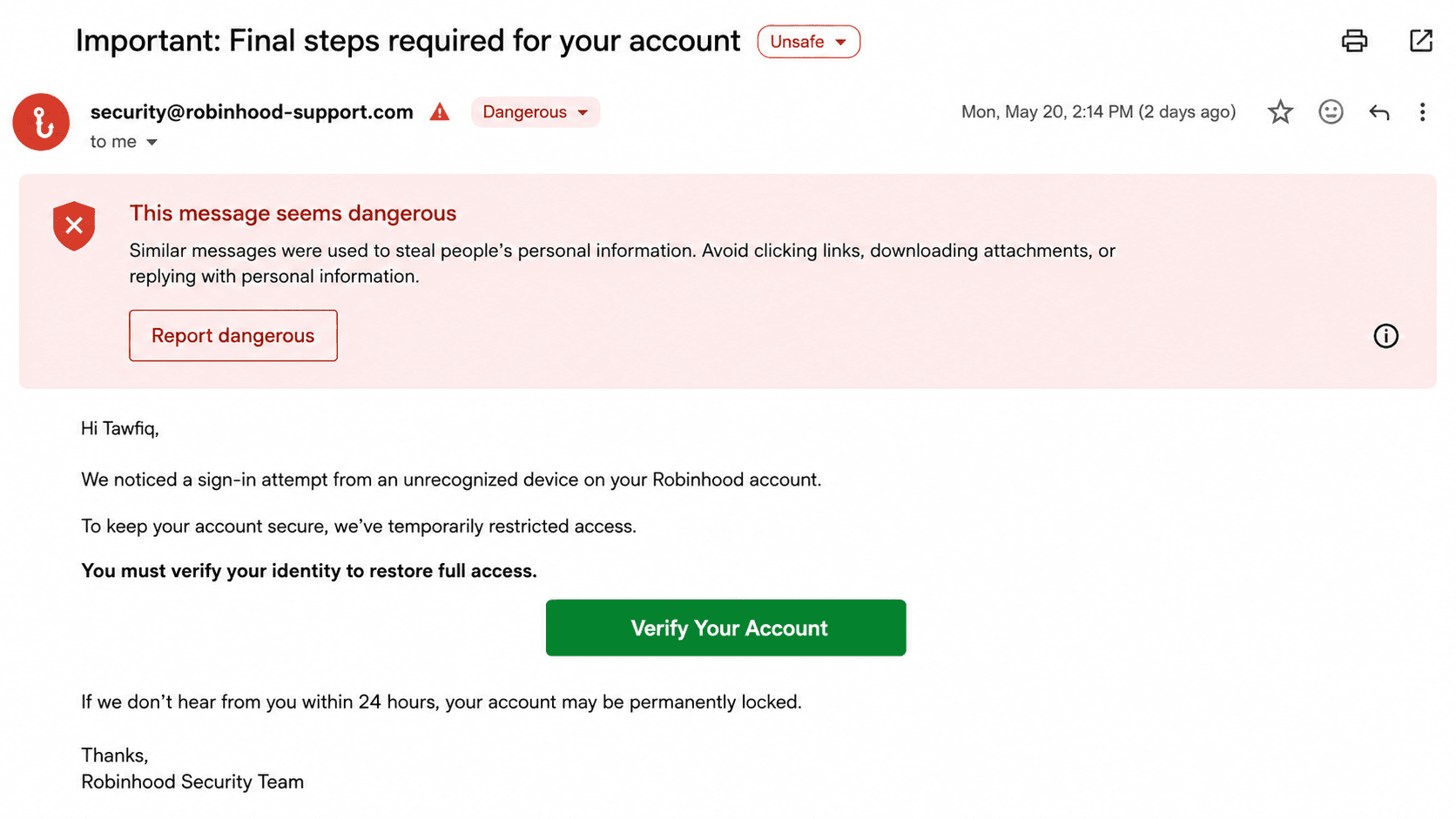 Suspicious Gmail message marked Unsafe and Dangerous by the phishing detector