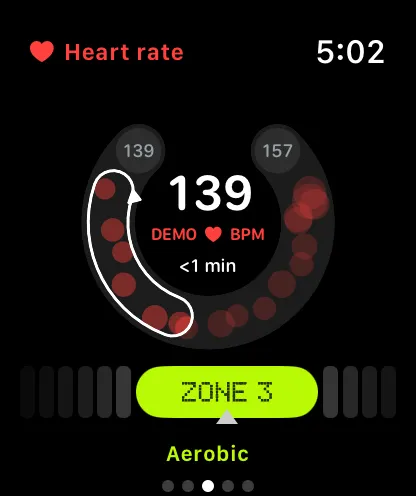 BikeTrack’s live heart rate: a demo reading of 139 bpm in Zone 3