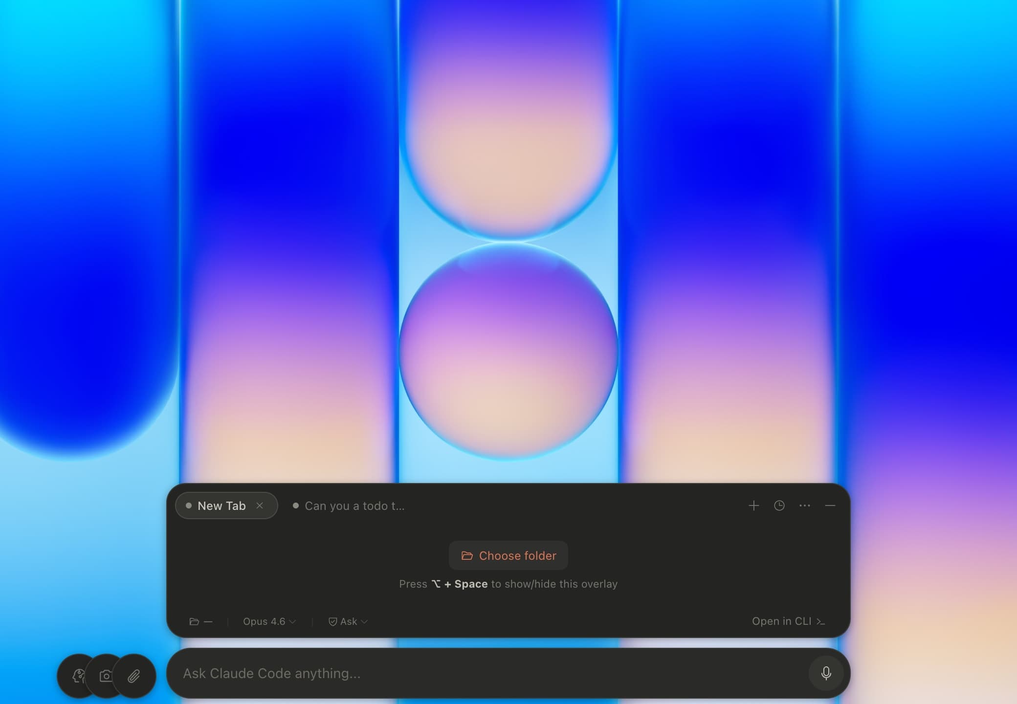 Clui's empty floating overlay inviting you to choose a folder