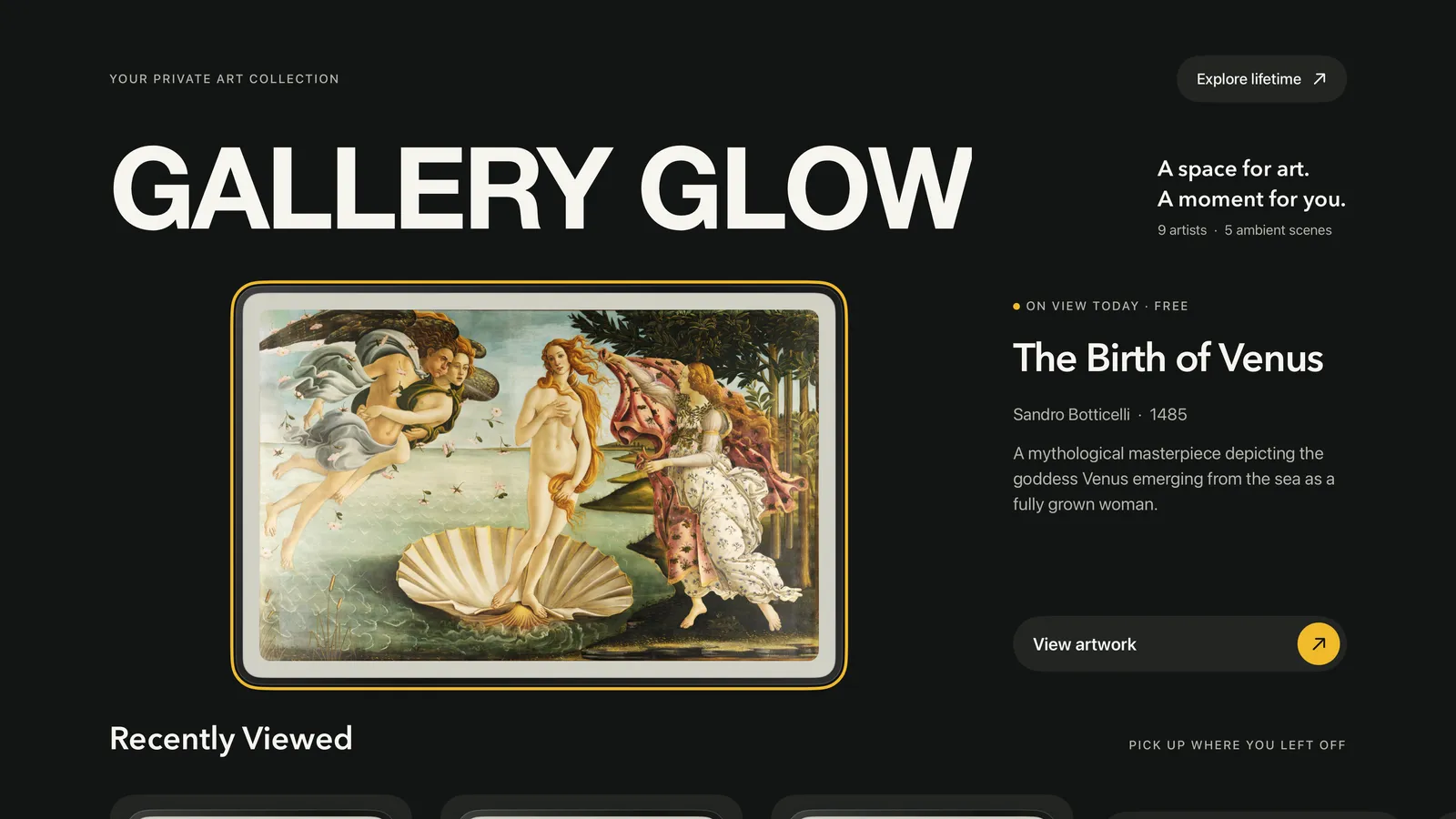 Gallery Glow’s Apple TV home screen featuring The Birth of Venus as the free daily artwork, dark appearance