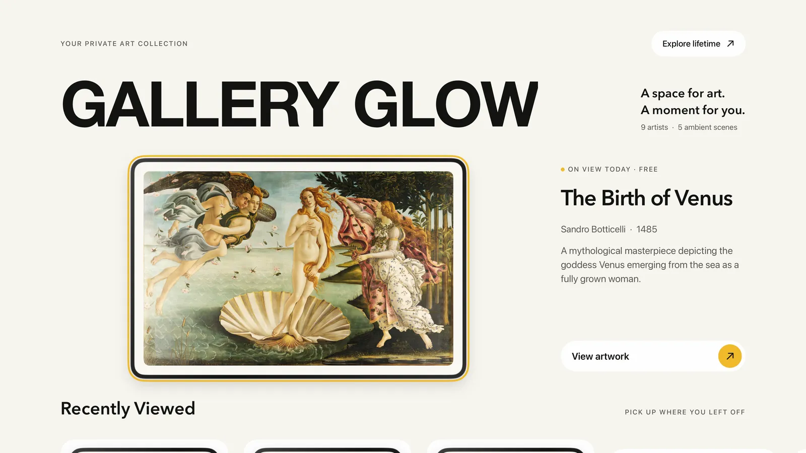 Gallery Glow’s Apple TV home screen featuring The Birth of Venus as the free daily artwork