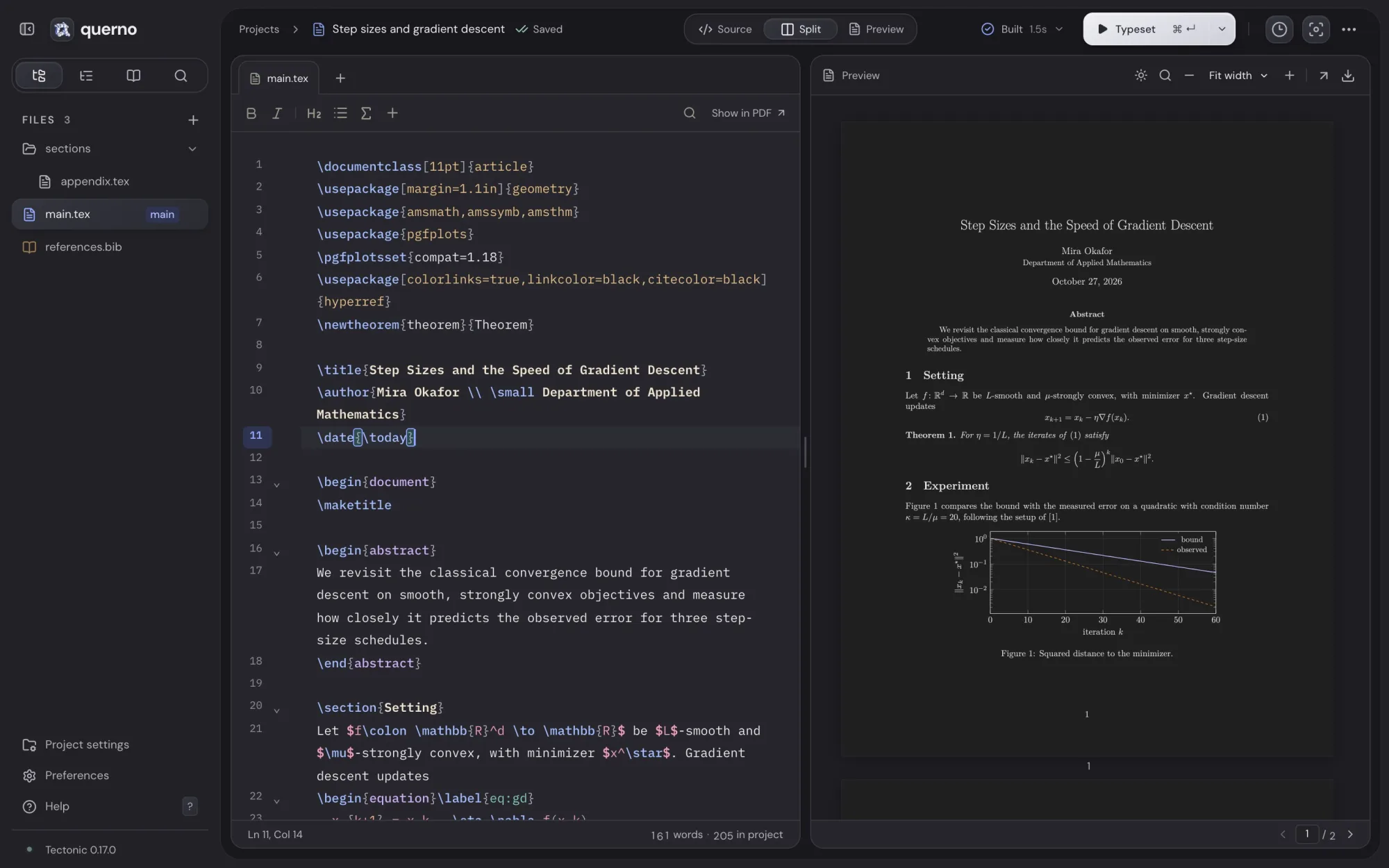 Querno’s editor, with LaTeX source on the left and the typeset PDF on the right, dark appearance