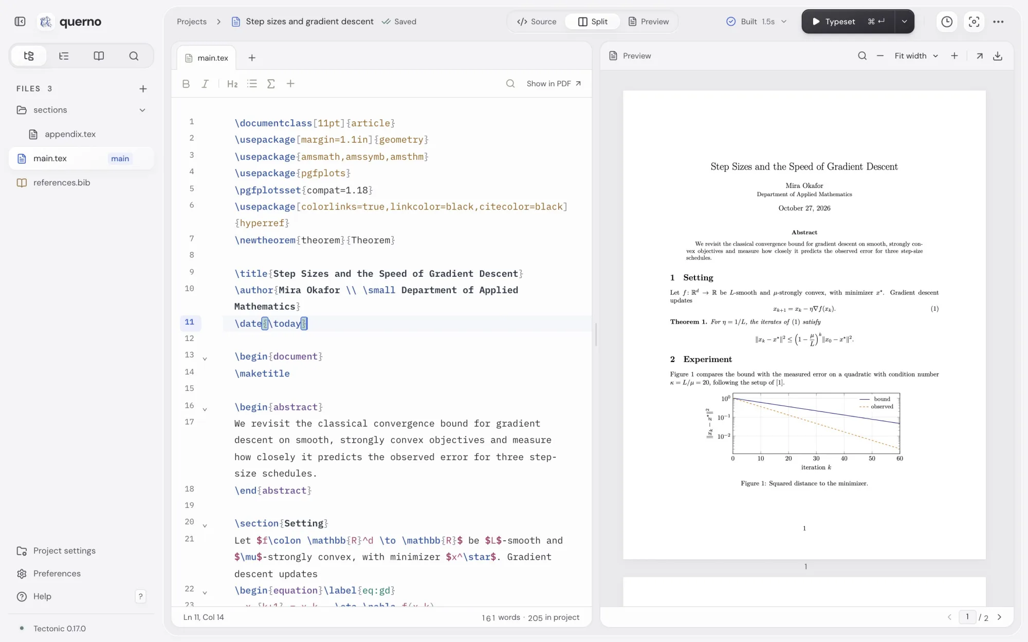Querno’s editor, with LaTeX source on the left and the typeset PDF on the right