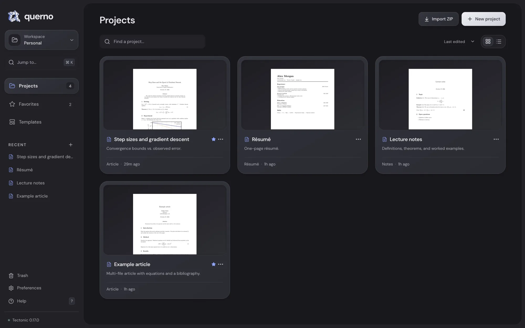 Querno’s project library, showing four projects with page thumbnails, dark appearance