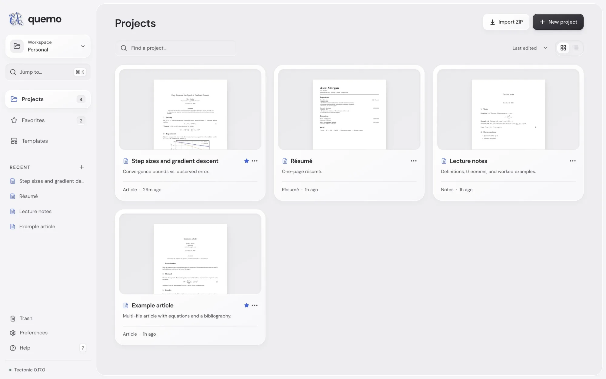 Querno’s project library, showing four projects with page thumbnails